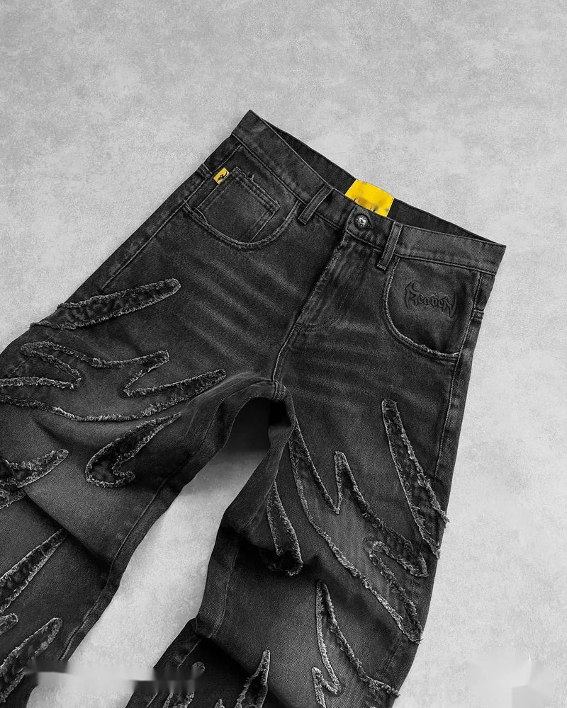 vintage y2k retro black baggy jeans for men hip hop punk raw edge embroidery jeans pattern patchwork high waisted denim pants unique jeans style 1567