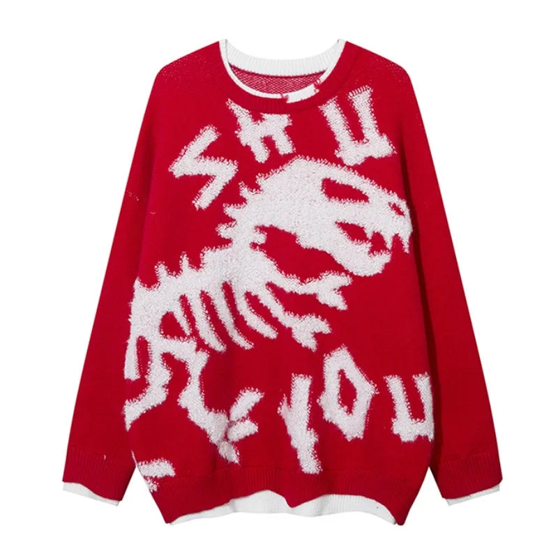 hip hop knitted sweater mens o neck dinosaur pattern fake two pieces pullover streetwear casual loose sweater jumper knitwear - vintage look oversized hoodie, bold artwork streetwear hoodie, anime inspired graphic hoodie