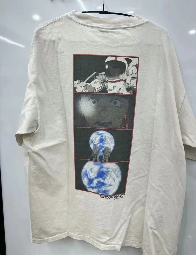 24ss Summer Retro Vintage Anime Print Spaceship High-Street Cotton Tops T-Shirt
