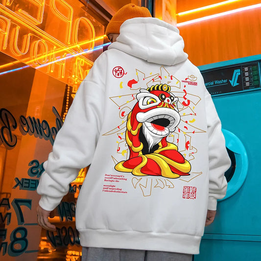 Y2K Vintage Lion Dance Graphic Hoodies For Men Oversized Streetwear Pullover