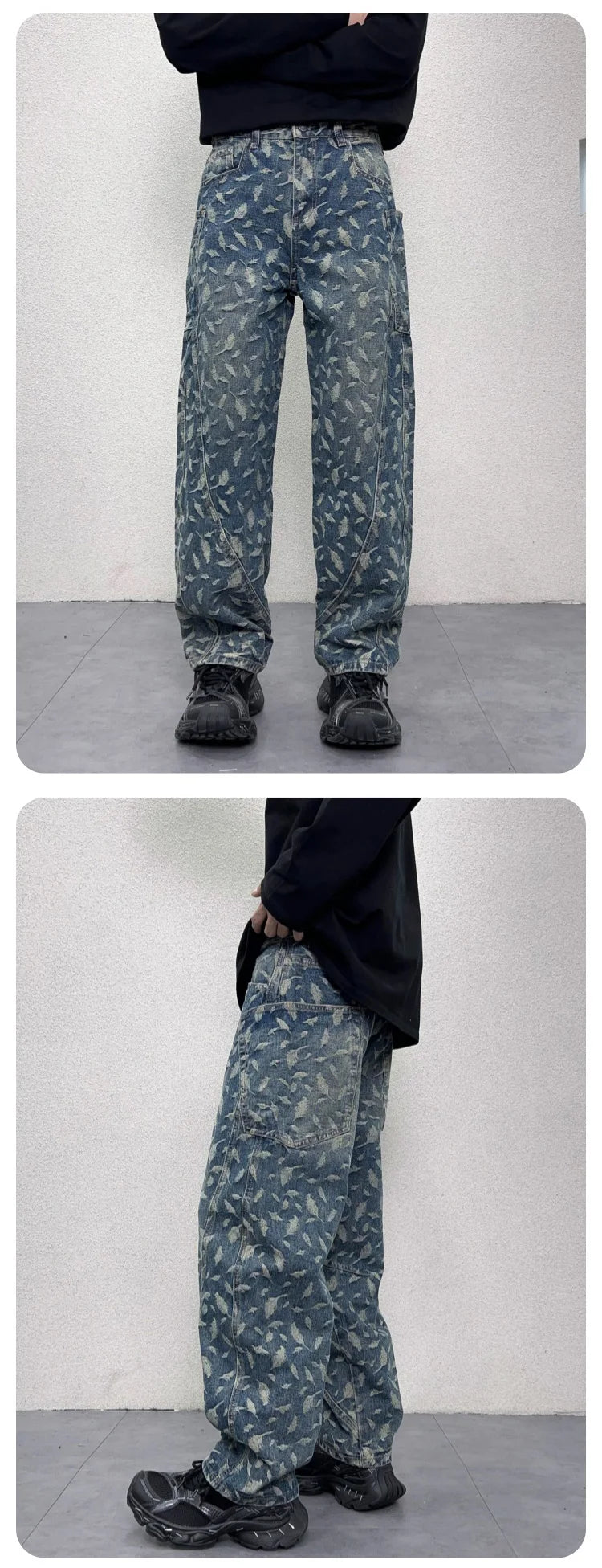 men jacquard loose casual hip hop vibe splice pocket denim baggy jeans pants man streetwear ripped jeans trousers boyfriend unique jeans style 3143