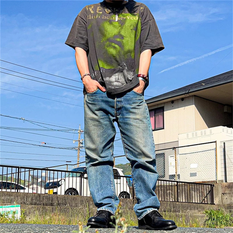 Y2K oversized shirt featuring 24ss summer retro vintage portrait quality printing high street distressed t shirt tops