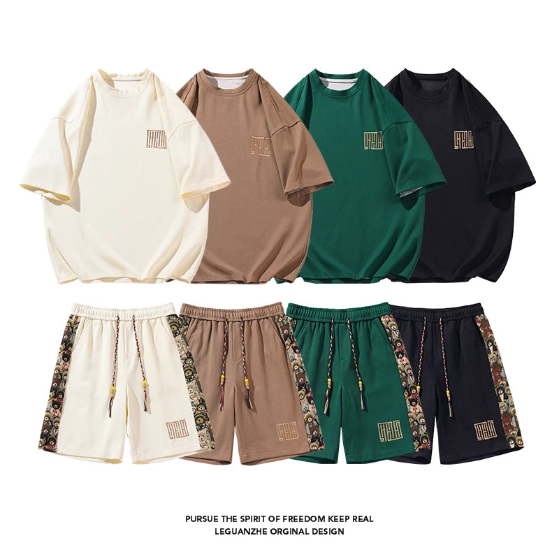 Men Sets Casual Short-sleeved Side Embroidery Trousers Fashion Street Men Suits