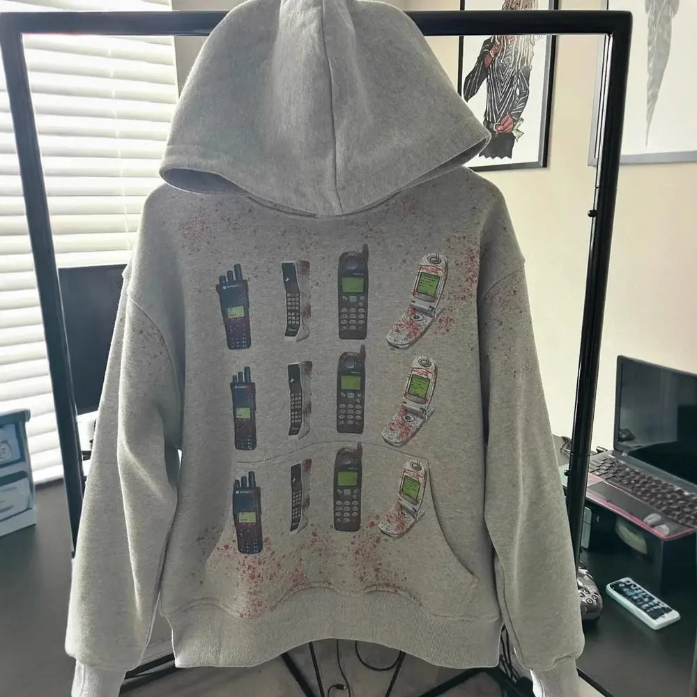 Y2K Autumn Winter Outfit Long Sleeve Hoodie Dark Retro Printed Sweatshirt