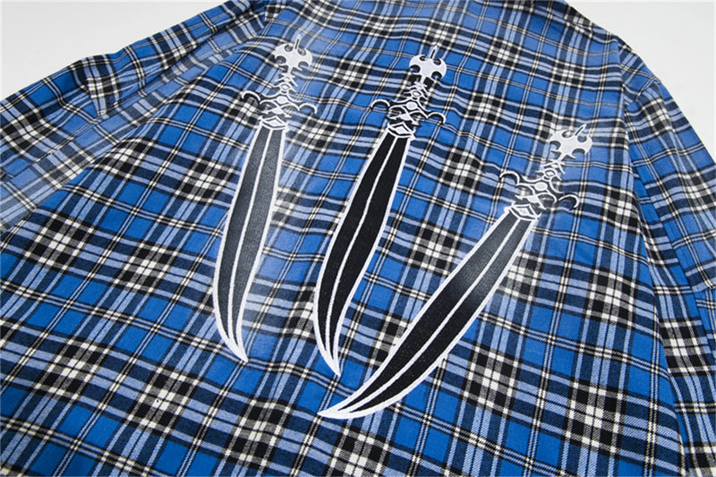 24SS New THUG CLUB Trendy Sword Print High-Street Cotton Vintage Plaid Shirt