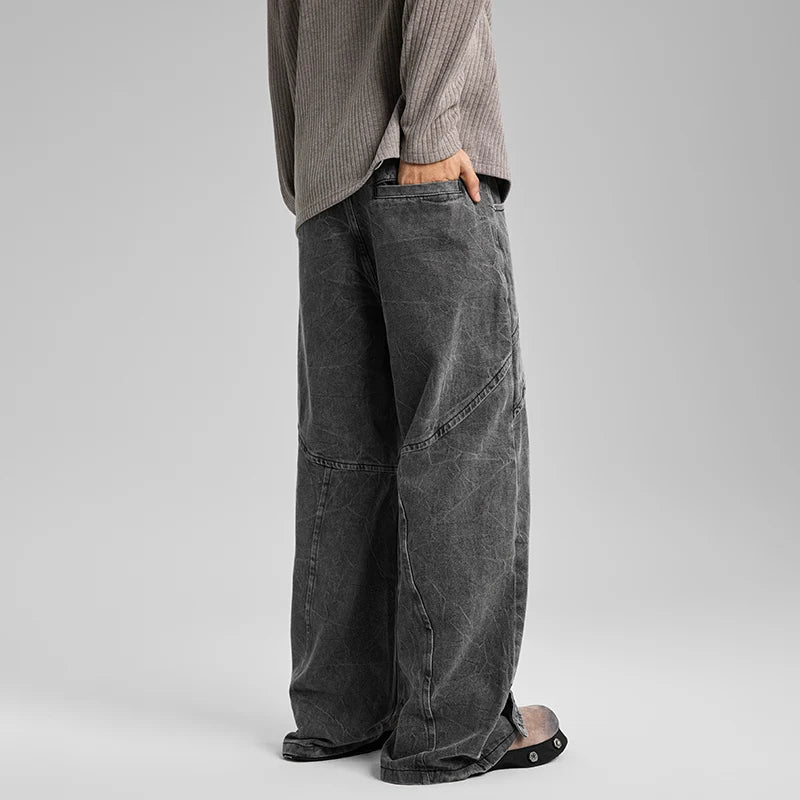 american high street vibe fashion splice jeans mens belt loose casual vintage wide leg straight denim baggy jeans pants trouser urban skinny jeans