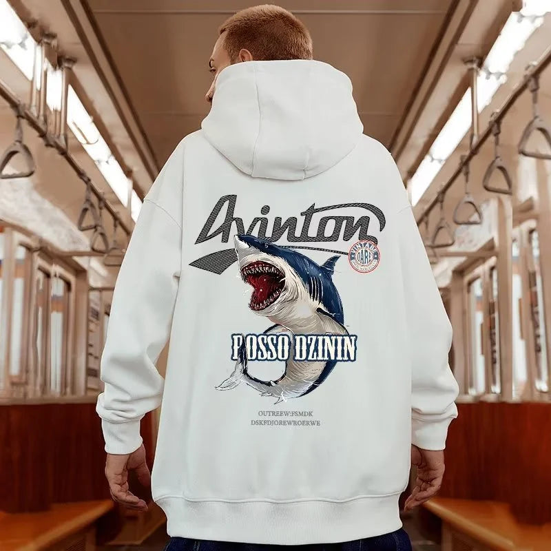 Y2K Streetwear Anime Shark Printed Hoodies For Men Autumn Oversized