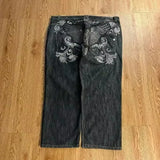 american fashion pattern embroidery loose women street y2k new hip hop punk oversized mopping wide leg pants couple casual jeans stacked flare jeans