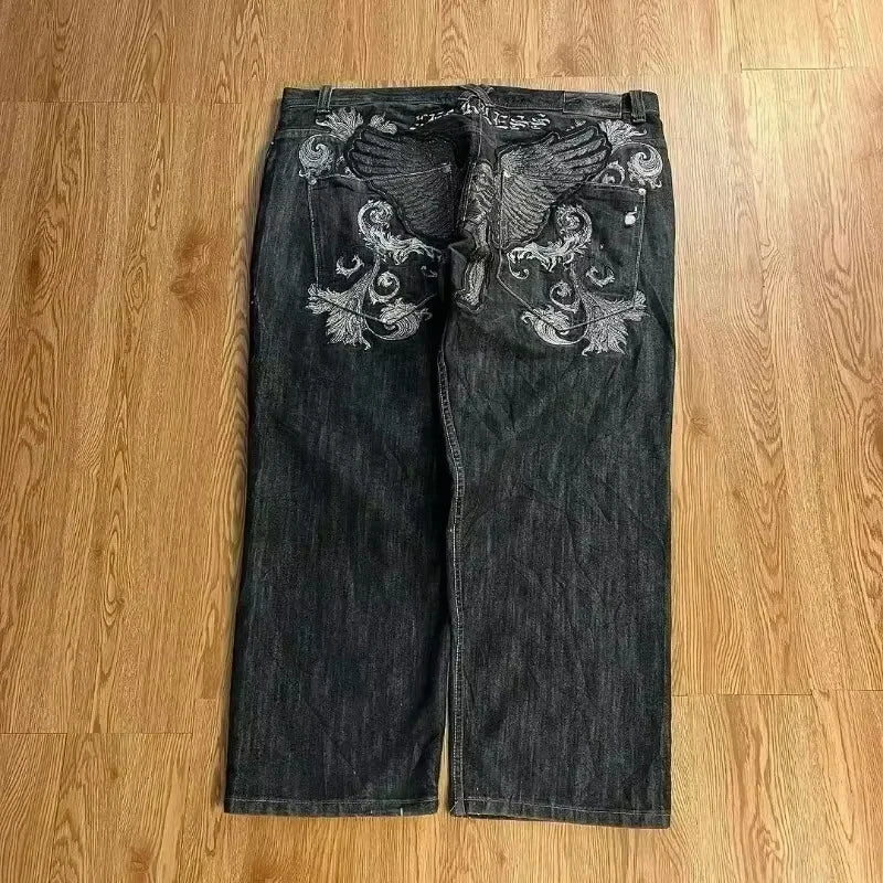 american fashion pattern embroidery loose women street y2k new hip hop punk oversized mopping wide leg pants couple casual jeans stacked flare jeans