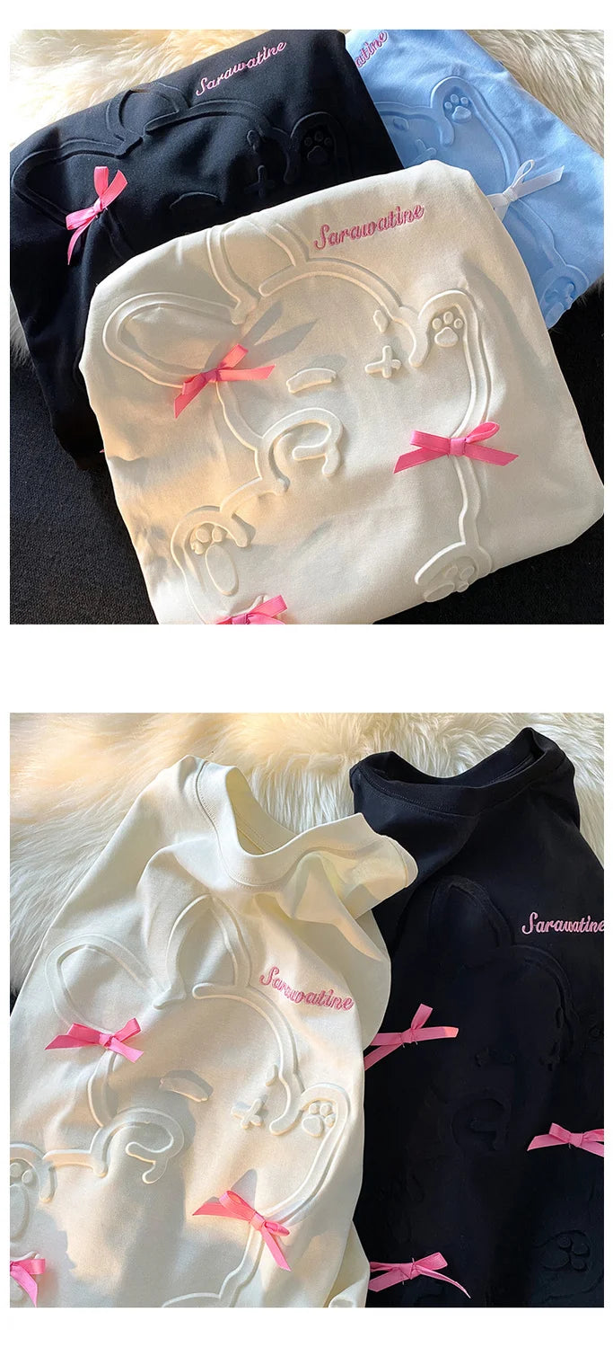 Skatercore Top – 3D Embossed Rabbit Cartoon T Shirts Students Girls Kawaii Te – Modern Streetwear for Everyone