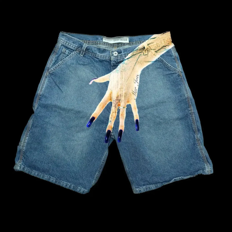 retro blue baggy denim gym shorts new gothic sweatpants basketball shorts harajuku hip hop y2k shorts pants mens graphic print unique joggers style 2454