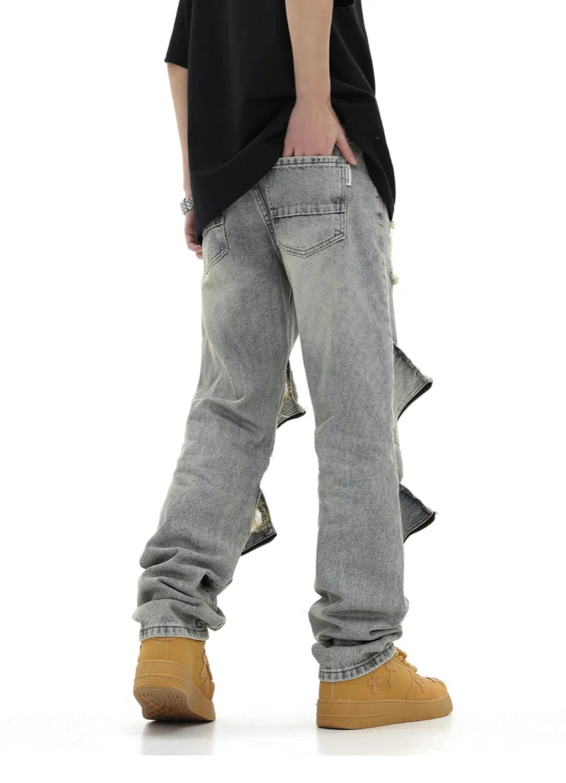 high street zipper open decoration biker jeans women ripped denim straight jean pant men motorcycle trouser unisex hip hop pants ripped baggy denim