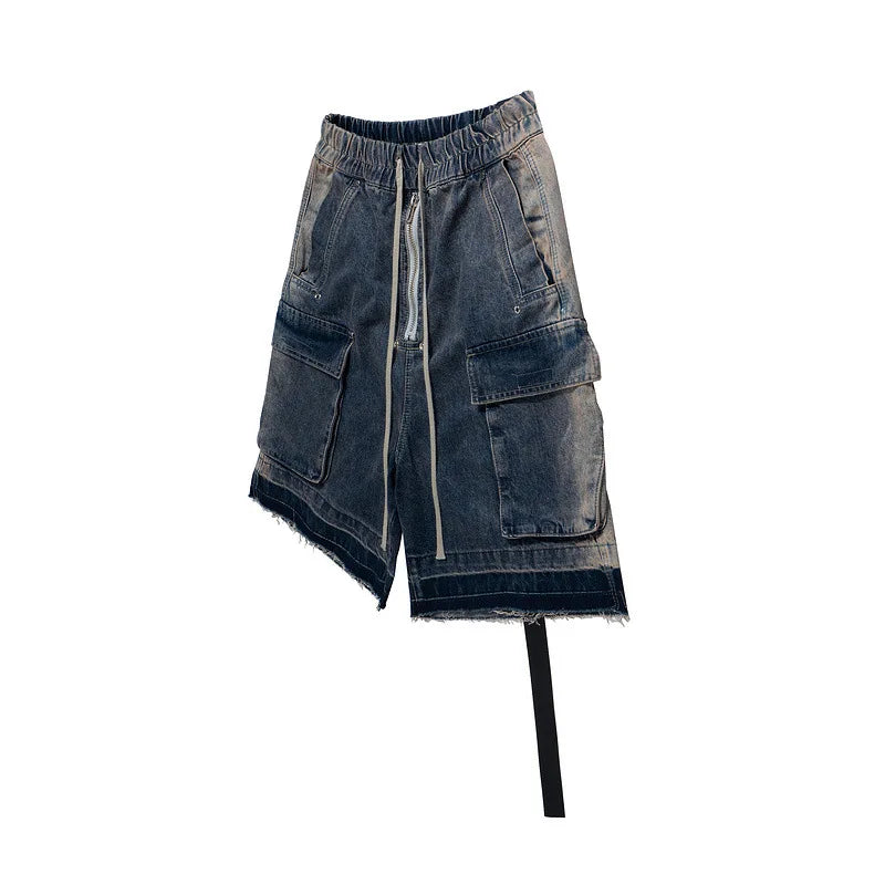 Men's and Women's High Street Vintage Splicing Cat Whisker Cargo Denim Shorts Zip Up Raw Edges Pockets Mens Jeans Shorts Ribbon