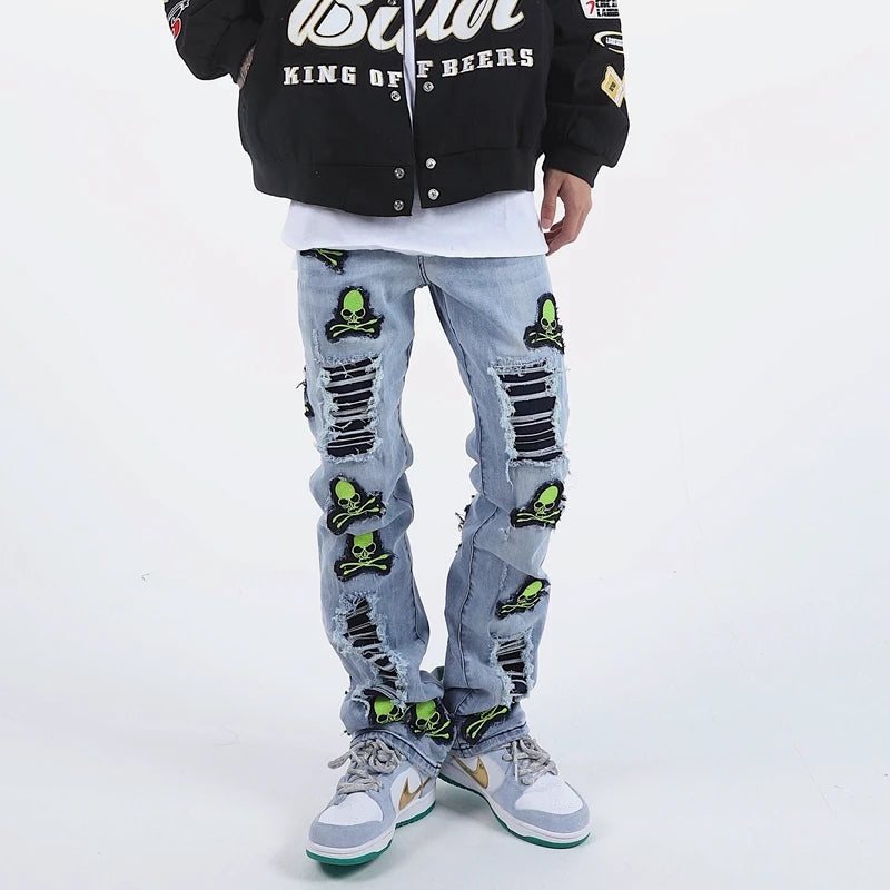 skull embroidery patchwork ripped denim jean pants fashion biker straight trousers streetwear hip hop joggers pant men clothing unique joggers style 2381