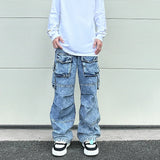 fashion loose streetwear cargo denim jeans unisex casual multi pocket wide legs jean pants hip hop joggers mens baggy jeans sporty tapered joggers
