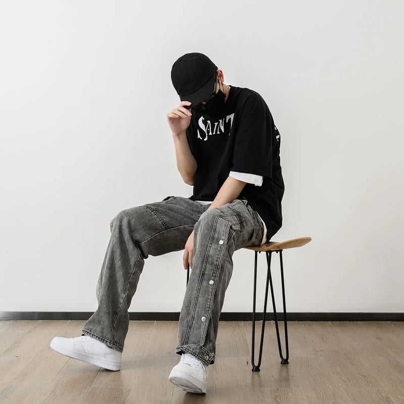 men fashion denim jeans casual bottom button open straight jeans with pockets hip hop streetwear zipper cargo joggers jean pants unique joggers style 2511