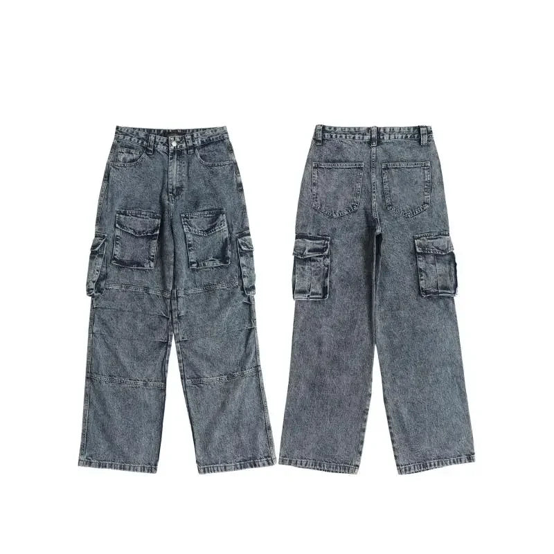 fashion loose streetwear cargo denim jeans unisex casual multi pocket wide legs jean pants hip hop joggers mens baggy jeans streetwear sweatpants