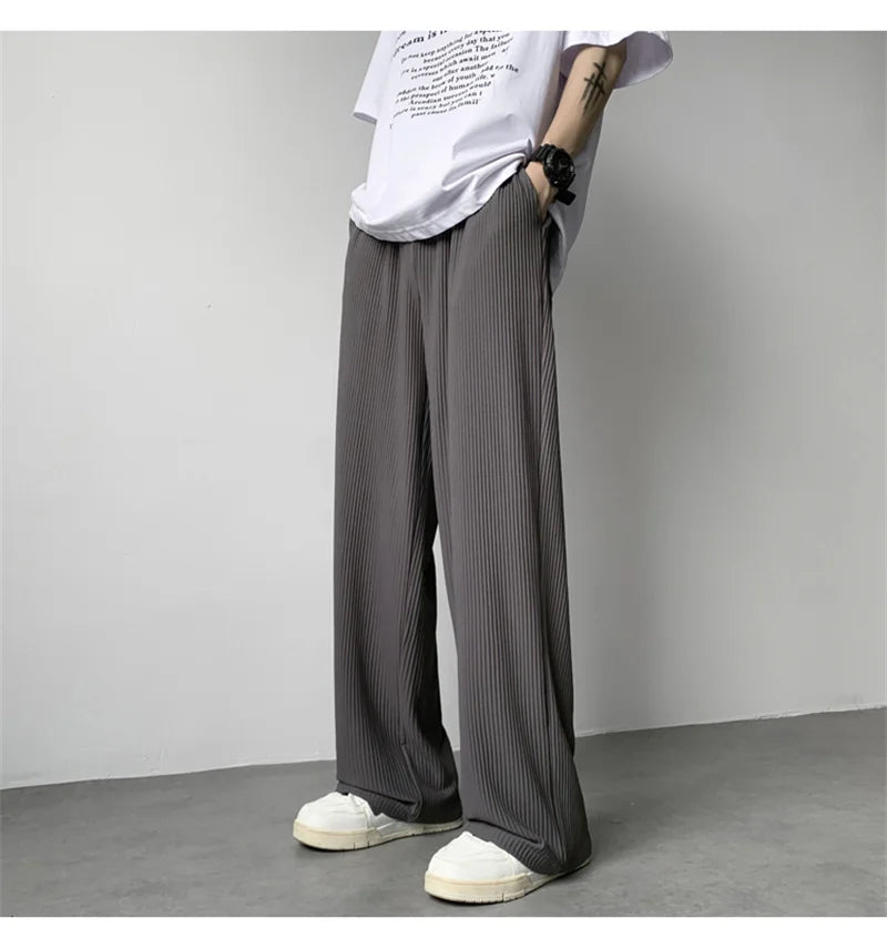 summer texture straight pants for men korean fashion baggy wide leg trousers casual drape pleated striped y2k pantalones hombre unique default style 495