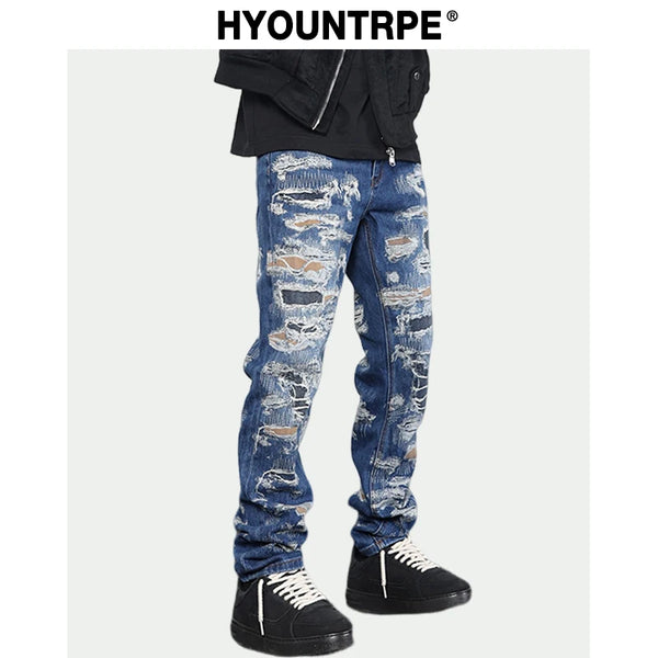 retro washed 3d printed fake distressed jeans hip hop denim pants streetwear jean pants mens harajuku cotton trousers joggers relaxed fit joggers