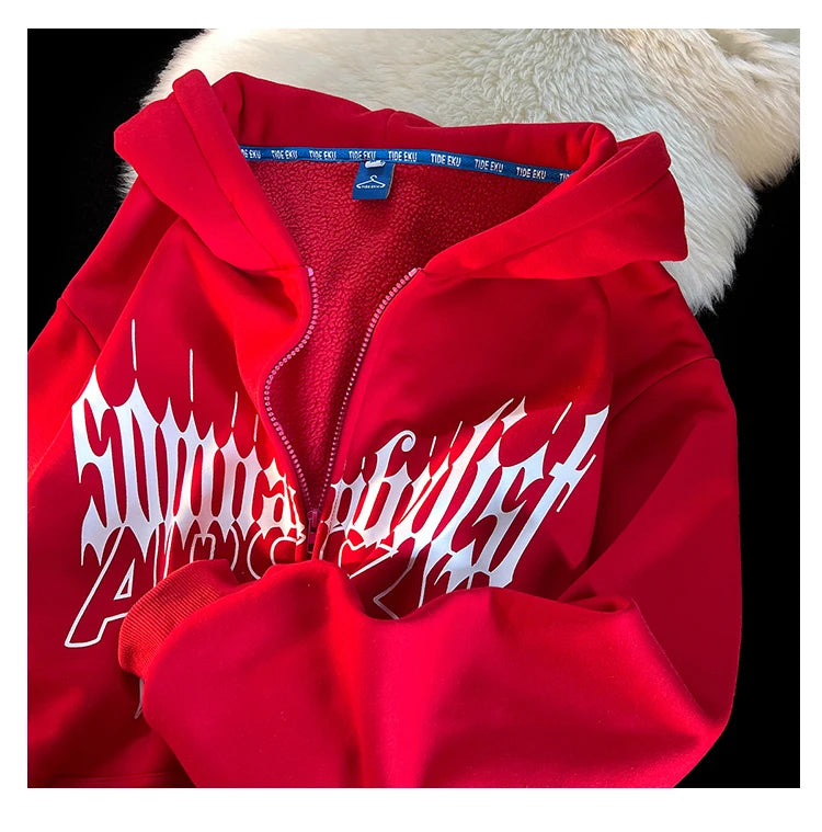 Y2K Kawaii Devil Horn Tail Hip Hop Badge Print Hoodies Cardigan Couple