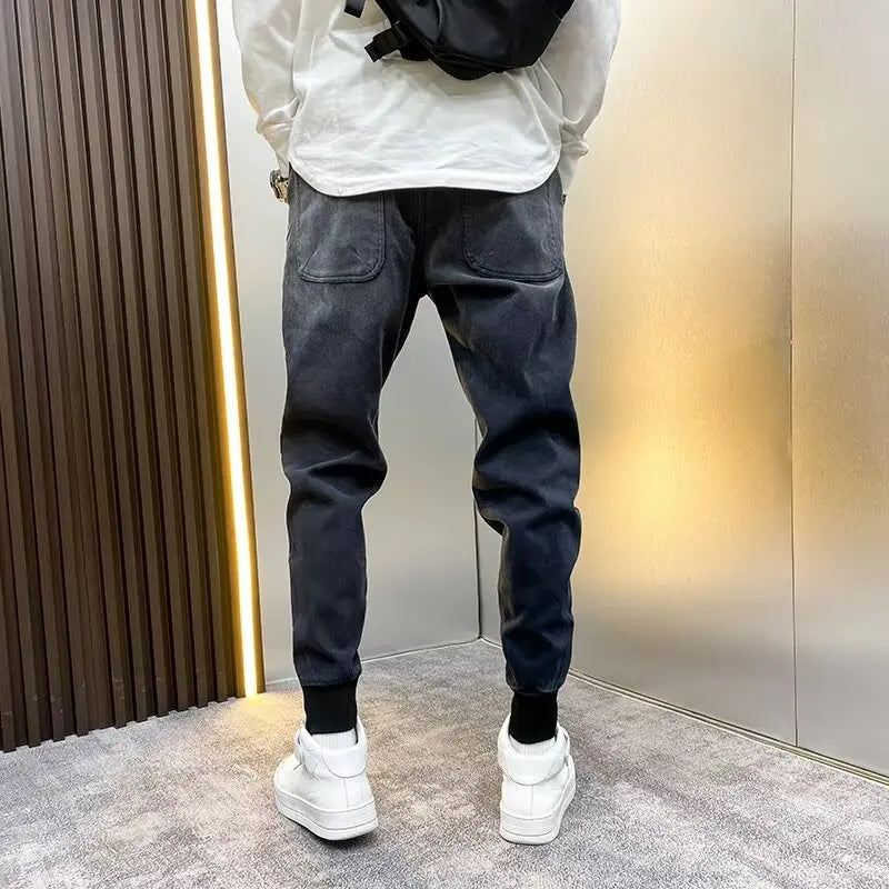 gradient hip hop baggy pants mens elastic waist jeans casual denim pants tapered legs new luxury designer korean pants ripped baggy denim