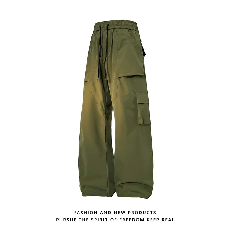 multi pocket mens wide leg straight cargo pants korean fashion track pants male casual loose mopping trousers four seasons unique cargo style 1029