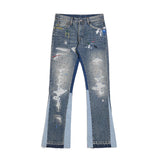 high street washed color match frayed micro flared jeans mens straight spliced retro loose casual denim pants hip hop trousers unique jeans style 12
