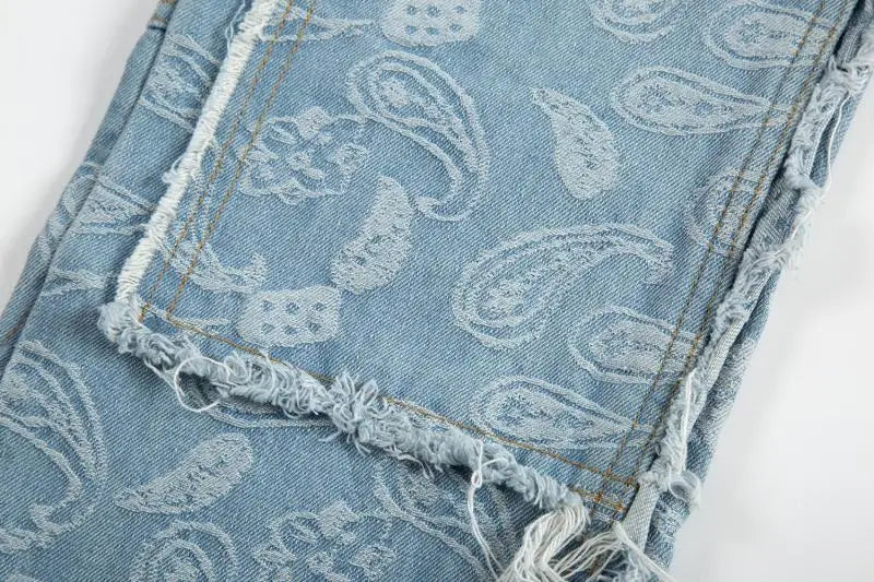 men distressed ripped patchwork paisley denim jean trouser fashion zipper biker jeans streetwear flare pants loose joggers jeans unique joggers style 5043
