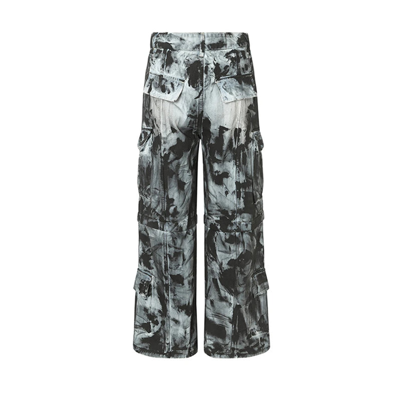 vintage dirty tie dye baggy jeans men multi pocket loose white straight jeans trousers luxury designer oversized denim pant unique jeans style 2935