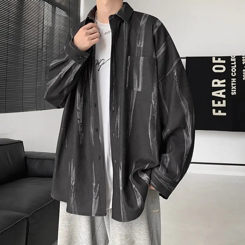 Tie dye loose shirt men long sleeved early autumn Korean version student ins men shirt dark abstinence inch shirt men shirts y2k