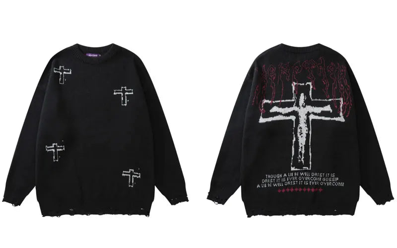 vintage sweaters y2k grunge streetwear hip hop ripped hole knitted cross punk gothic jumpers fashion harajuku casual pullover trendy hip hop style outerwear, aesthetic street look hoodie, unique limited edition hoodie