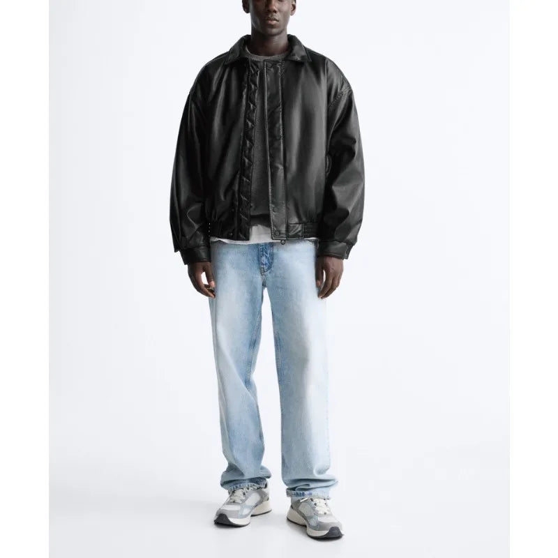 American high street PU imitation leather lapel cotton jacket autumn warm jacket men