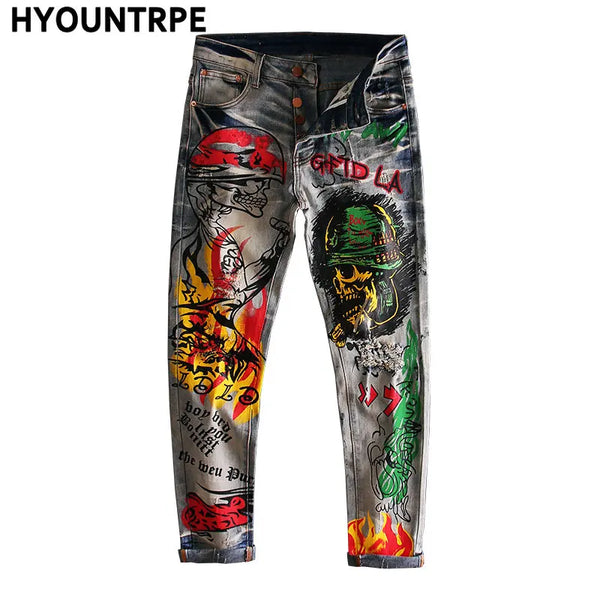 skull graffiti printed ripped denim jeans hip hop distressed biker jeans fashion streetwear slim pants joggers y2k men s jeans sporty tapered joggers