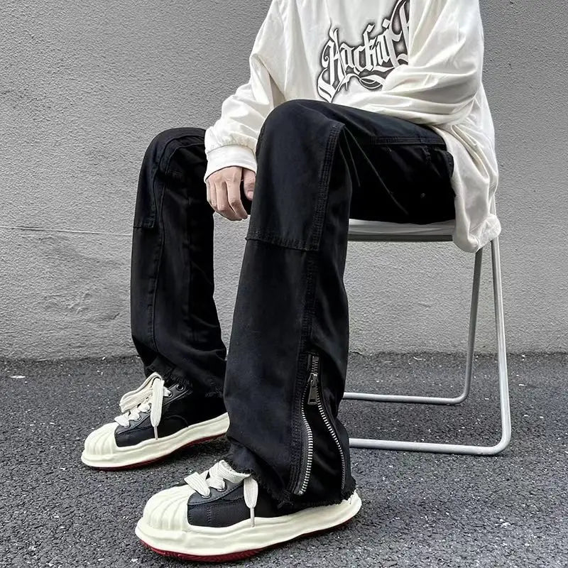 2023 autumn new light luxury fashion retro jeans men zipper straight loose jeans all match boutique clothing simple style vintage washed jeans