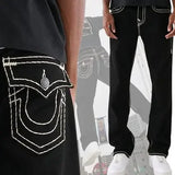 true religion y2k gothic vintage hip hop street leisure denim pants fashion embroidered straight leg wide leg jeans men clothing unique jeans style 4146