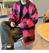 Plaid Woolen Trenchcoat Men Autumn Winter Fashion Retro Streetwear Suit Collar Loose Casual Trendy Trench Coat Outerwear