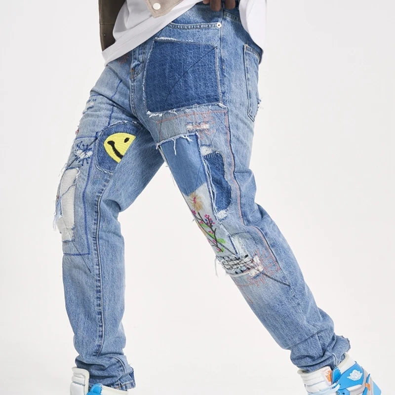 high street floral embroidery patchwork ripped blue jeans pants for male retro straight casual denim trousers oversized jean 1 stacked flare jeans