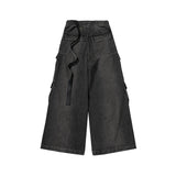 ro style ribbons wide leg multi pockets smoke grey baggy jeans for men straight pantalones hombre drawstring denim trousers unique jeans style 1206