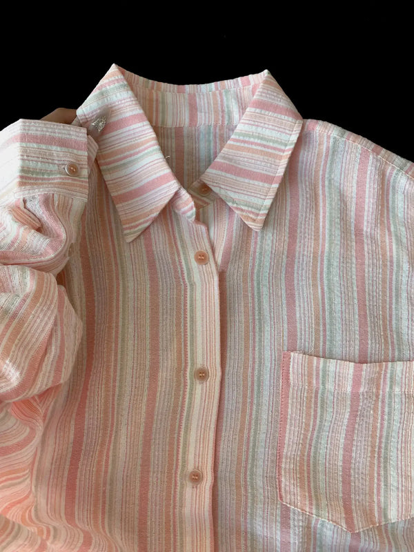 Early Autumn Sweet Striped Polo Collar Long Sleeved Shirt Womens Autum