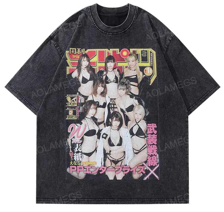 Glitchcore Graphic tee – Vintage Men Black Washed Tshirts Sexy Girls Graphic Print T
