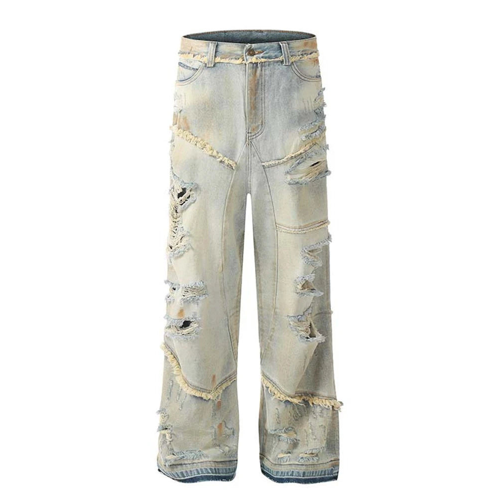 mens fashion ripped jeans blue straight baggy jeans trousers luxury loose casual distressed denim pants male unique jeans style 6048