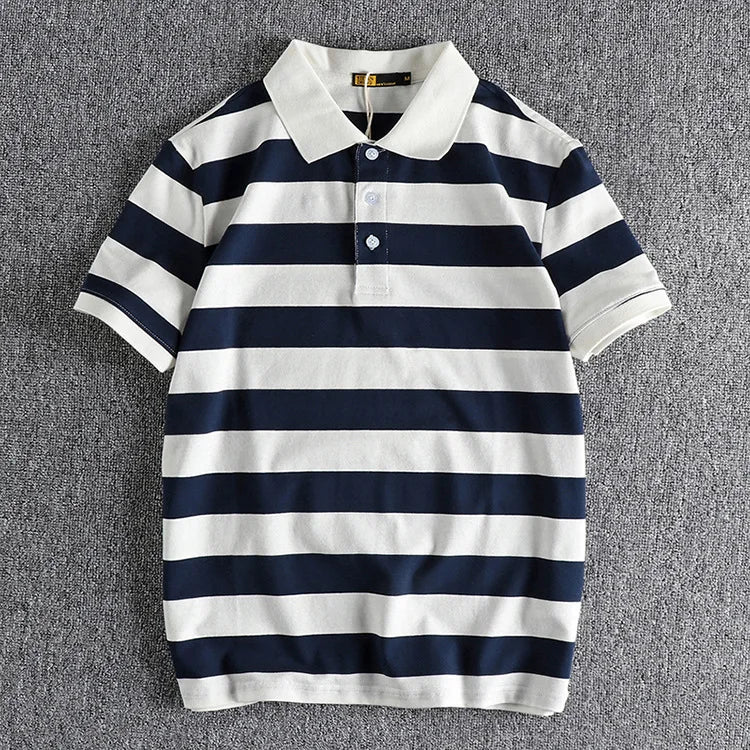 Trapwear Graphic tee – Summer Striped Polo T Shirt Mens New Retro Trend Washed Elas