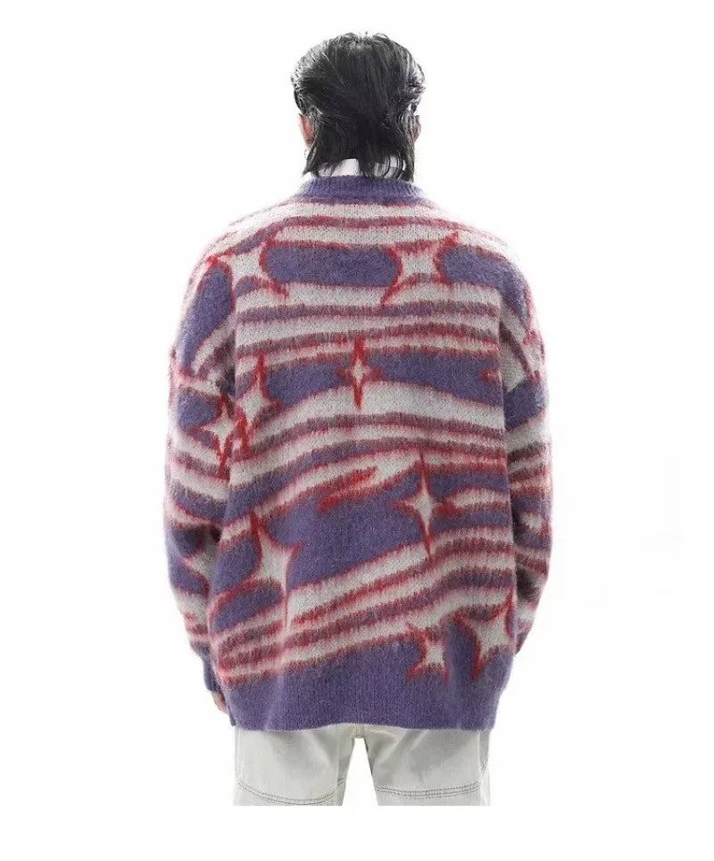 japanese hip hop sweater set men contrast zebra pattern round neck knit top splicing distressed loose jeans 2 pcs harajuku suit unique jeans style 4527