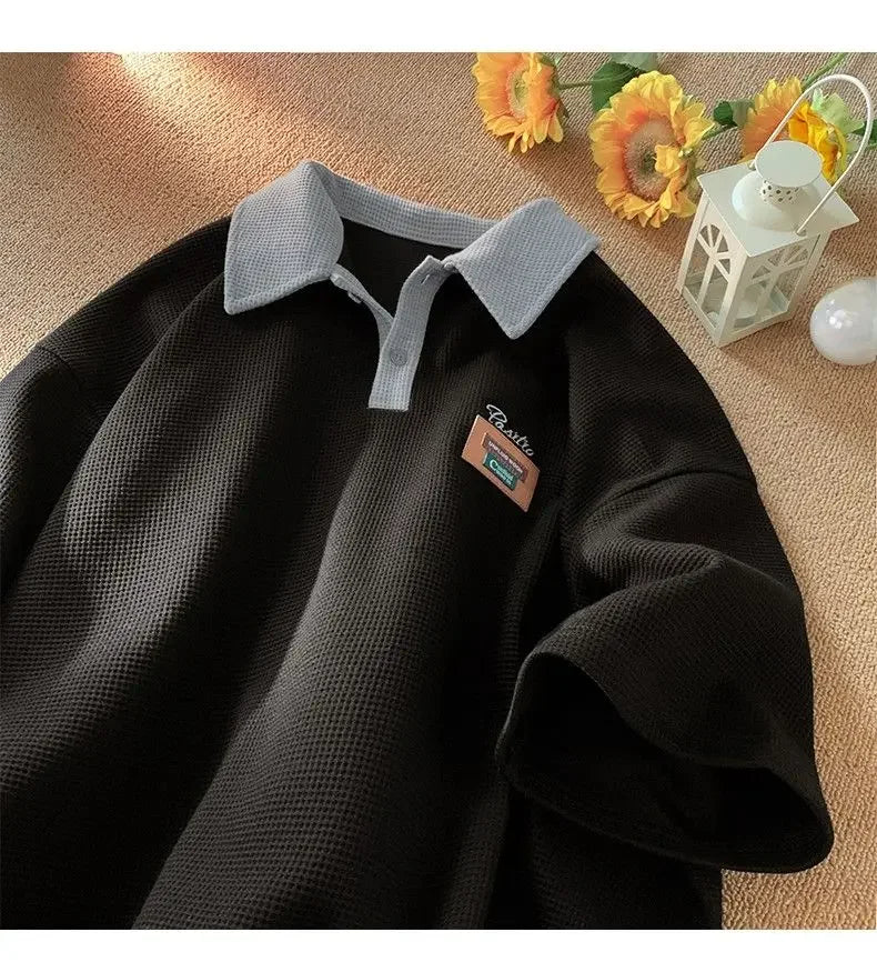 Hip Hop American Street Men and Women Trendy Personality Polo Shirt Short sleeved Summer Waffle Vintage Casual Tops harajuku y2k