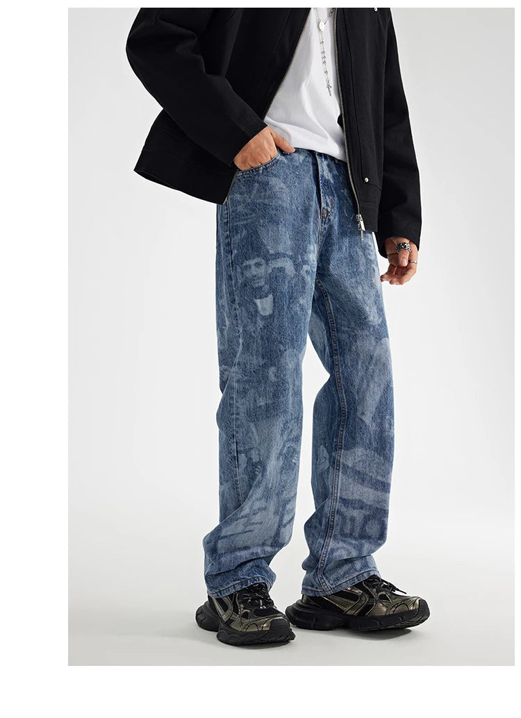 designer human printed denim jeans mens new casual zipper straight hip hop jeans streetwear baggy pants joggers graphic jeans unique joggers style 676