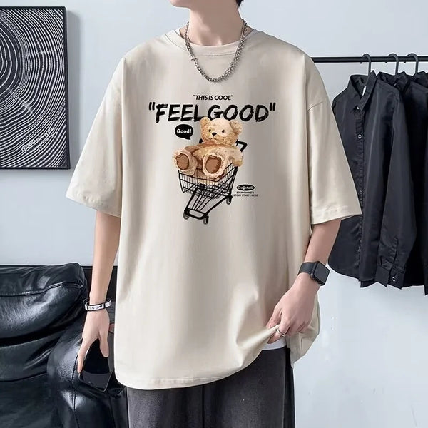Anime Graphic tee – Funny Feel Good Bear Print Tops Man Casual Oversize T Shirt