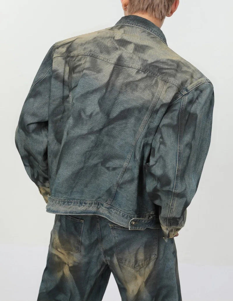 2 pieces sets mens fashion dirty graffiti wide shouder denim jeans jacket coat and wide legs pants joggers new streetwear sets streetwear sweatpants