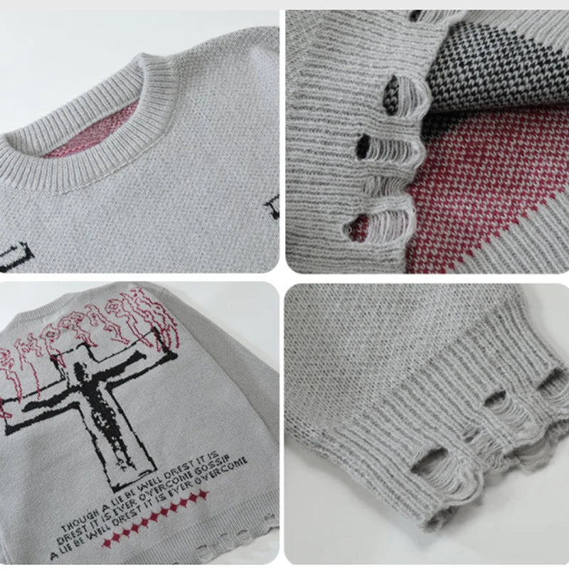 vintage sweaters y2k grunge streetwear hip hop ripped hole knitted cross punk gothic jumpers fashion harajuku casual pullover streetwear fashion hoodie, aesthetic street look hoodie, high quality cotton pullover