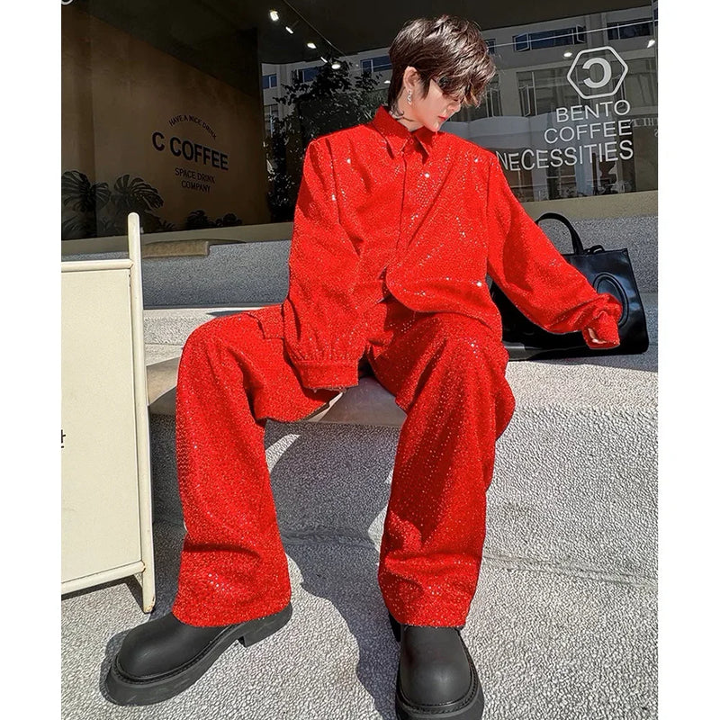 mens sequin 2 piece sets loose casual long sleeve shirt pant stage fashion party show clothing dress shirts trousers costumes unique default style 2893