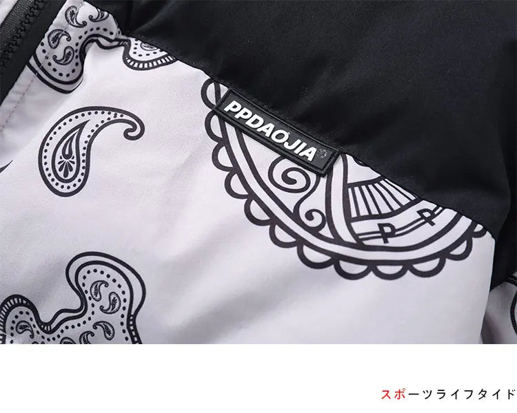 Men Japanese Streetwear Puffer Jackets 2023 Winter Mens Full Print Fashions Bubble Coat Couple Patchwork Thick Parkas